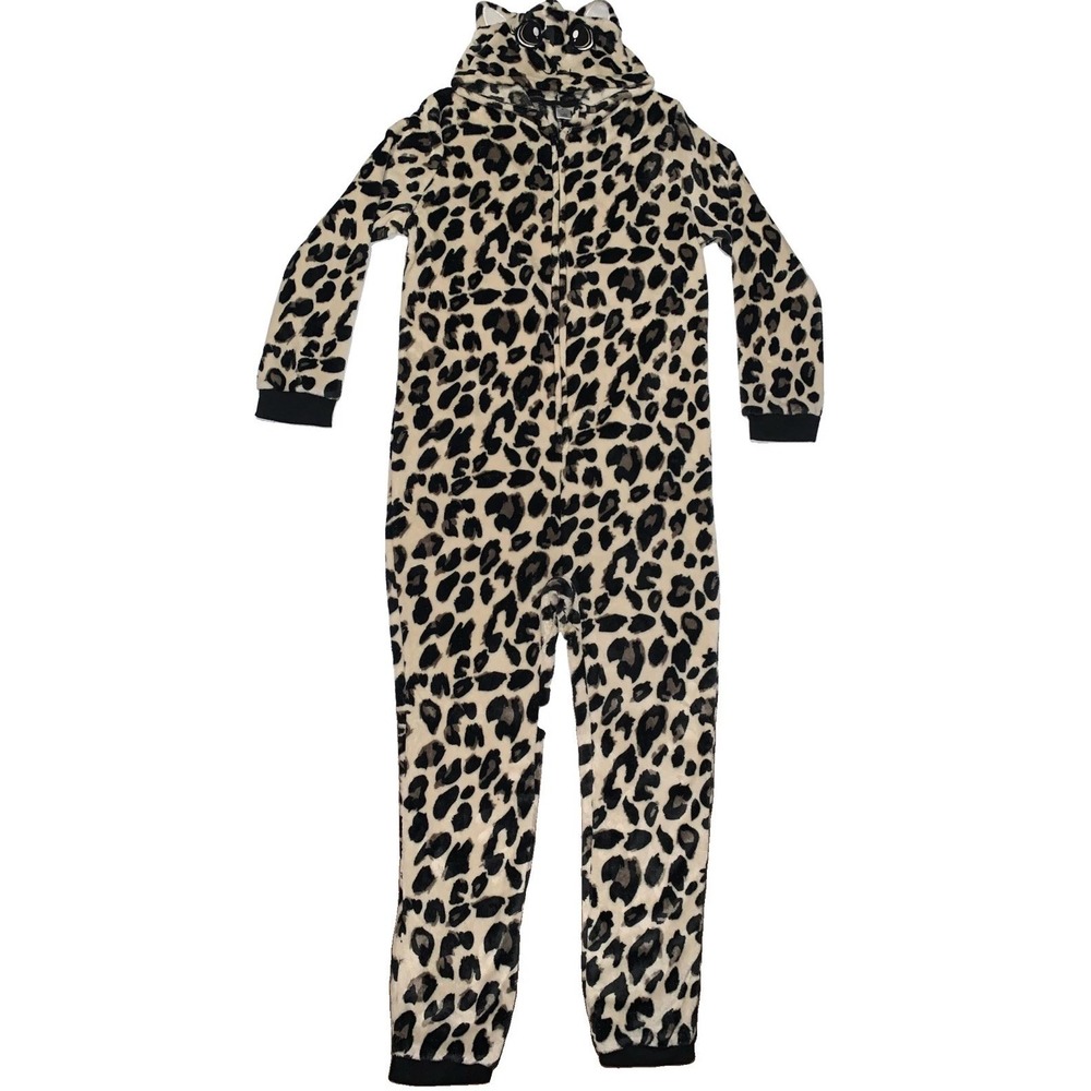 Women's Black Leopard Cat Print Hooded Pajamas Soft Fleece One Piece Costume Zip
